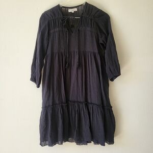 lemlem liya kebede black cotton 3/4 sleeve boho minidress v neck ruffle